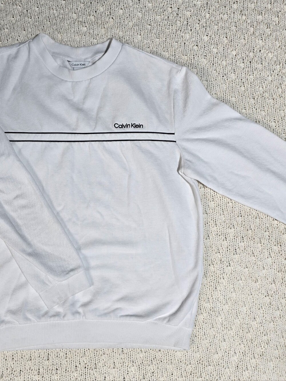 Calvin Klein White Crewneck Sweater with Black Double Stripe